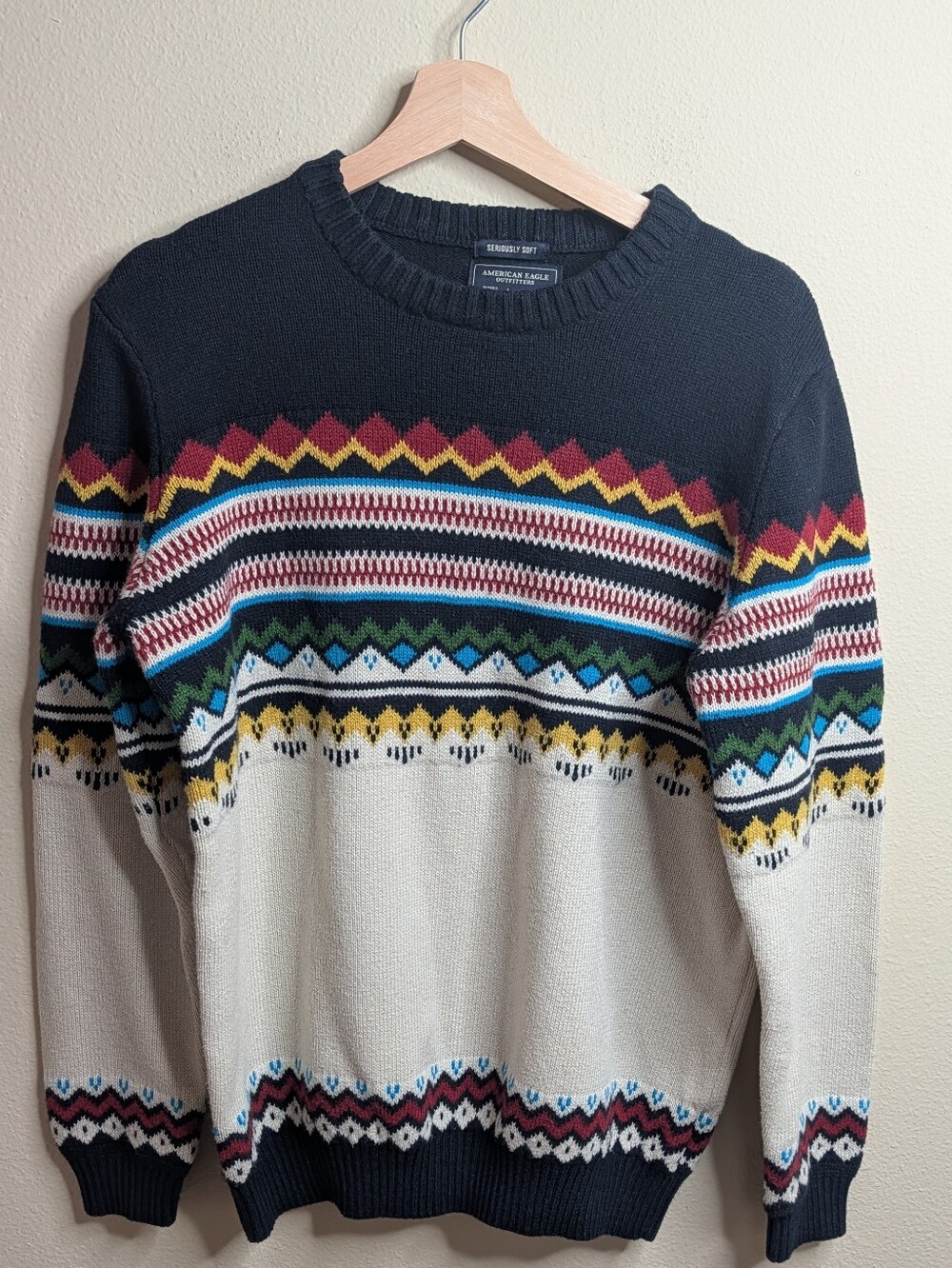 American Eagle Outfitters Fair Isle Crewneck Sweater Size Large Navy Multicolor